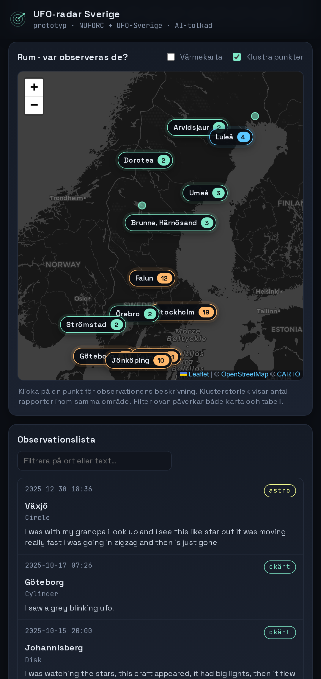 Karta över UFO-observationer i Sverige